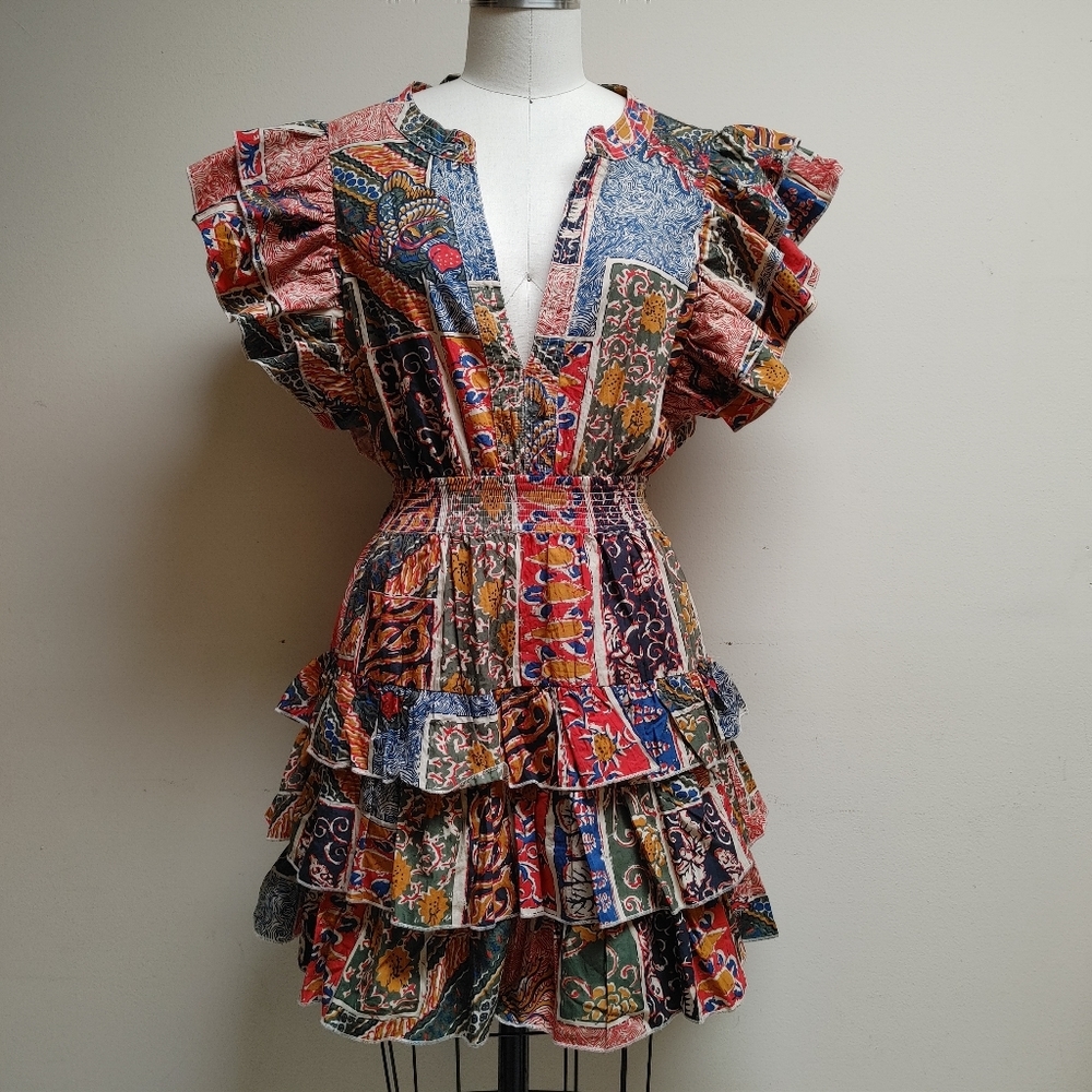 Boho Patchwork Ruffle Mini Dress - Multicolor